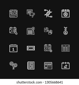 Editable 16 spiral icons for web and mobile. Set of spiral included icons line Calendar, Notebook, Lollipop, Rug, Transgenics, Notepad, Dna on black background