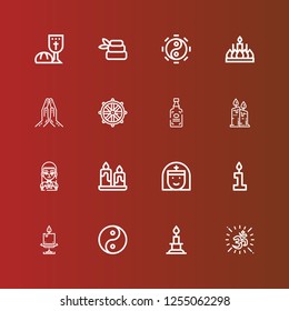 Editable 16 spiritual icons for web and mobile. Set of spiritual included icons line Om, Candle, Yin yang, Nun, Gothic, Candles, Spirits, Dharma wheel, Praying, Taoism on red