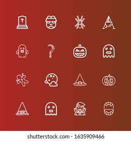 Editable 16 spooky icons for web and mobile. Set of spooky included icons line Fangs, Dracula, Ghost, Witch, Pumpkin, Witch hat, Full moon, Voodoo, Scythe, Cauldron, Tarantula on red