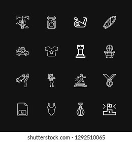 Editable 16 sport icons for web and mobile. Set of sport included icons line Podium, Boxing bag, Swimsuit, Illustrator, Medals, Sport, Paintball, Slingshot on black background