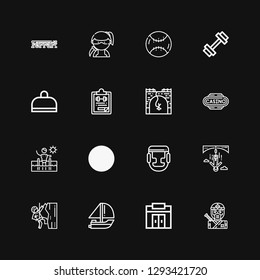 Editable 16 sports icons for web and mobile. Set of sports included icons line Ninja, Gym, Yatch, Climbing, Bungee jumping, Boxing, Swimming pool, Casino, Gym file on black background