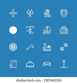 Editable 16 sports icons for web and mobile. Set of sports included icons line Funnel ball, Gym, Ski, Swimming pool, Baseball, Spoke wheel, Yatch, Bungee jumping on blue background