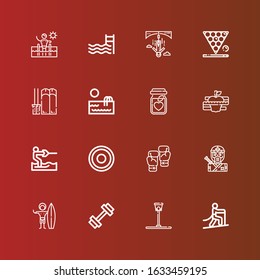 Editable 16 sports icons for web and mobile. Set of sports included icons line Climbing, Funnel ball, Gym, Surfer, Ninja, Boxing, Water ski, Diet, Nutrition, Swimming pool on red