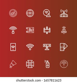 Editable 16 spot icons for web and mobile. Set of spot included icons line Wifi, Paint spray, Spotlight, Domino, Signal, Wifi signal, Helipad on red