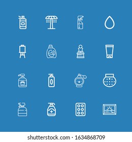 Editable 16 spray icons for web and mobile. Set of spray included icons line Painting, Drug, Gel, Spray, Shower, Perfume, Shampoo, Art, Detergent, Canvas, Blood drop on blue background