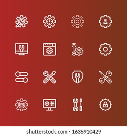 Editable 16 sprocket icons for web and mobile. Set of sprocket included icons line Settings, Setting on red