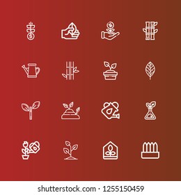 Editable 16 sprout icons for web and mobile. Set of sprout included icons line Plant, Greenhouse, Sprout, Watering can, Leaf, Bamboo, Grow on red