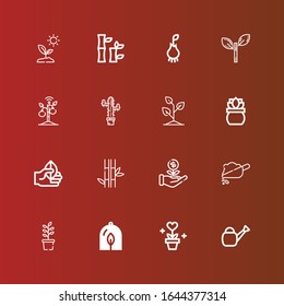 Editable 16 sprout icons for web and mobile. Set of sprout included icons line Watering can, Plant, Soil, Sprout, Bamboo, Leaf, Plants, Root on red
