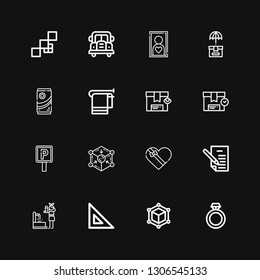 Editable 16 square icons for web and mobile. Set of square included icons line Ring, Cube, Set square, Fountain, Letter, Gift box, Parking sign, Box, Towel on black background