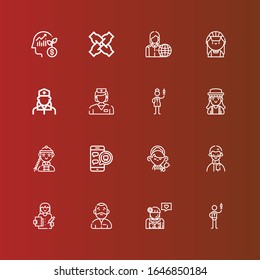 Editable 16 iconos de personal para web y móvil. El conjunto de personal incluía iconos línea Enfermera, Niña, Hombre, Médica, Empleado, Trabajo en equipo en rojo