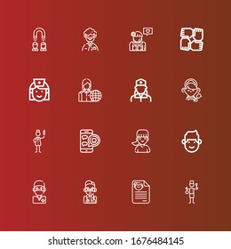 Editable 16 staff icons for web and mobile. Set of staff included icons line Staff, CV, Doctor, Surgeon, Man, Girl, Medical appointment, Nurse, Maid, Employee, Teamwork on red