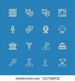 Editable 16 stage icons for web and mobile. Set of stage included icons line Podium, Microphone, Theater, Acting, Musician, Stage, Theatre, Theatre mask on blue background