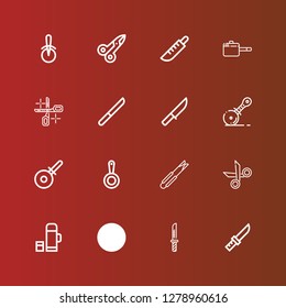 Editable 16 stainless icons for web and mobile. Set of stainless included icons line Knife, Thermo, Scissors, Tongs, Pan, Pizza cutter on red
