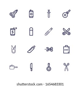 Editable 16 stainless icons for web and mobile. Set of stainless included icons line Scissors, Pan, Knife, Hip flask, Tongs, Thermo, Energy drink, Pizza cutter on white background