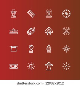 Editable 16 star icons for web and mobile. Set of star included icons line Brightness, Ufo, Ticket, Windrose, Actress, Space capsule, Magic hat, Glow, Spaceship, Meteorite on red