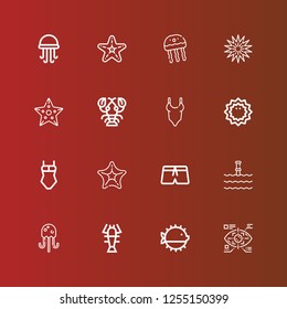 Editable 16 starfish icons for web and mobile. Set of starfish included icons line Eye tap, Puffer fish, Lobster, Jellyfish, Underwater, Swimsuit, Starfish, Sea urchin on red