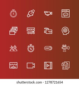 Editable 16 start icons for web and mobile. Set of start included icons line Video, Switch on, Stopwatch, Marathon, Power, Deadline, Website, Watch on red