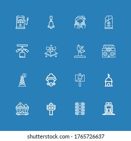 Editable 16 station icons for web and mobile. Set of station included icons line Train, Railway, Radio, Wagon, Tower, Signal, Firefighter, Antenna, Bell, Gym station on blue background
