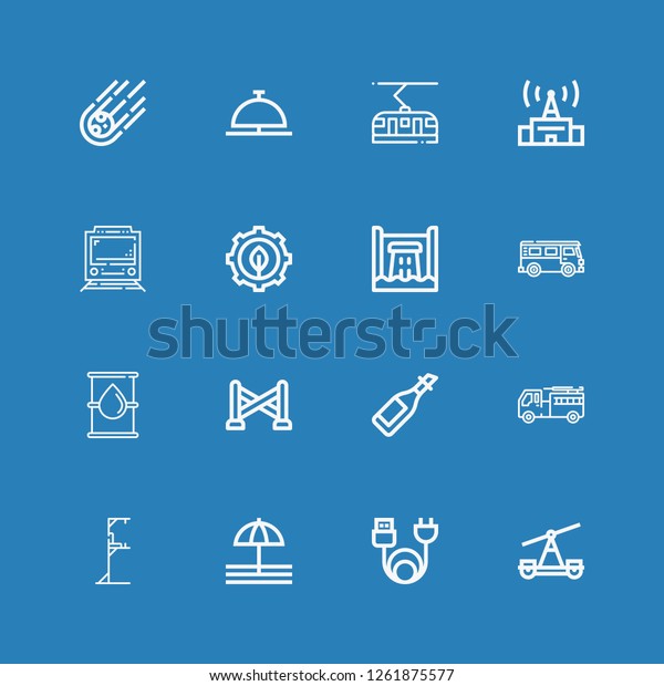 Editable 16\
station icons for web and mobile. Set of station included icons\
line Train, Charge, Bell, Gym station, Firefighter, Oil, Police\
line, Bus, Hydro power on blue\
background
