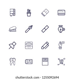Editable 16 stationery icons for web and mobile. Set of stationery included icons line Tooth, Workbook, Eraser, Anchor point, Pen, Colored pencils, Push pin on white background
