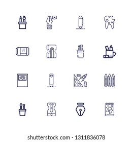 Editable 16 stationery icons for web and mobile. Set of stationery included icons line Sketchbook, Pen, Sharpener, Pencil case, Crayons, Stationery, Crayon on white background