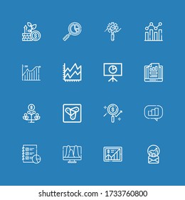 Editable 16 statistic icons for web and mobile. Set of statistic included icons line Stats, Statistics, Analytics, Anywhere, Growth, Line chart, Analysis on blue background