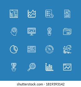 Editable 16 statistic icons for web and mobile. Set of statistic included icons line Analytics, Chart, Growth, Stats, Data, Statistics, Line chart on blue background