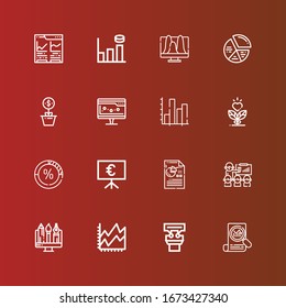 Bearbeitbar 16 Statistiksymbole für Web und Mobile. Satz von Statistiken enthält die Symbole Linie Statistiken, Präsentation, Linie Diagramm, Grafik, Analytik, Wachstum, Diagramm, Graph-Balken auf Rot