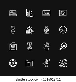 Editable 16 stats icons for web and mobile. Set of stats included icons line Growth, Line chart, Diagram, Statistics, Pie chart, Graph, Chart on black background