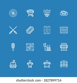 Editable 16 steak icons for web and mobile. Set of steak included icons line Bbq, Grill, Burger, Churrasco, BBQ grill, Bacon, Skewers, Steak, Skewer, Oyster omelette on blue background