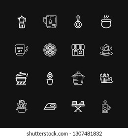 Editable 16 steam icons for web and mobile. Set of steam included icons line Mug, Iron, Ironing, Soup, Sauna, Pot, Coffee shop, Baozi, Pan, Coffee maker on black background