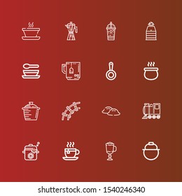 Editable 16 steam icons for web and mobile. Set of steam included icons line Pot, Cappuccino, Tea cup, Locomotive, Dumpling, Railway, Pan, Mug, Soup, Sauna, Ice coffee on red