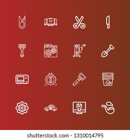 Editable 16 steel icons for web and mobile. Set of steel included icons line Pipe, Settings, Taxi, Gear, Container, Bottle opener, Microwave, Shovel, Welding, Razor, Knife on red