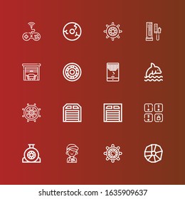 Editable 16 steering icons for web and mobile. Set of steering included icons line Wheel, Helm, Mechanic, Game, Garage, Rudder, Dolphin, Console on red