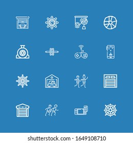 Editable 16 steering icons for web and mobile. Set of steering included icons line Helm, Game, Race, Garage, Racing, Ship wheel, Wheel, Mechanics on blue background