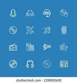 Editable 16 stereo icons for web and mobile. Set of stereo included icons line Radio, Vinyl, Headphones, Music, Blaster, Voice recorder, Record, d glasses, Audio on blue background
