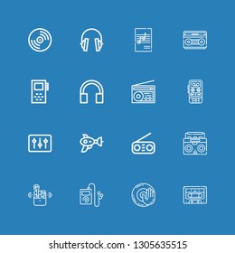 Editable 16 stereo icons for web and mobile. Set of stereo included icons line Cassette, Dj music, Music, Airpods, Radio, Blaster, DJ, Voice recorder, Headphones on blue background