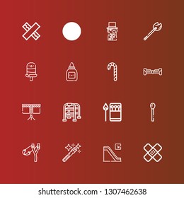 Editable 16 stick icons for web and mobile. Set of stick included icons line Plaster, Escalator, Magic wand, Slingshot, Match, Matches, Walking stick, Drum, Hoverboard on red