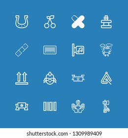 Editable 16 sticker icons for web and mobile. Set of sticker included icons line Tomahawk, Ribbon, Barcode, Banner, Triangle, Punk, Side up, Unicorn, Music store on blue background