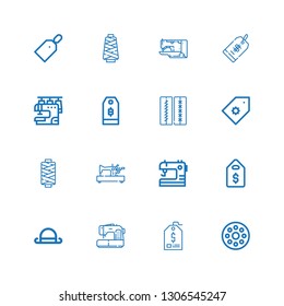 Editable 16 stitch icons for web and mobile. Set of stitch included icons line Bobbin, Price tag, Sewing machine, Bowler, Sewing, Thread, Stitches on white background