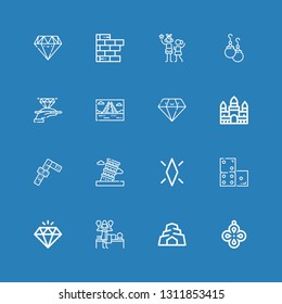 Editable 16 stone icons for web and mobile. Set of stone included icons line Pendant, Cave, Massage, Diamond, Domino, Pisa, Dominoes, Angkor wat, Mayan pyramid on blue background