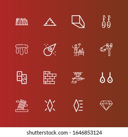 Editable 16 stone icons for web and mobile. Set of stone included icons line Diamond, Pisa, Earrings, Brick wall, Domino, Slingshot, Spa, Asteroid, Stonehenge, Minerals on red