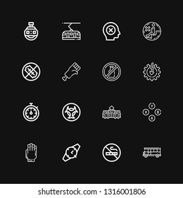Editable 16 stop icons for web and mobile. Set of stop included icons line Bus, No smoking, Watch, Hand, Buttons, Tram, Biohazard, Stopwatch, Power, No alcohol on black background