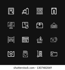 Editable 16 store icons for web and mobile. Set of store included icons line Scanner, Trolley, Gift bag, Merchandise, Tag, Package, Online shop, Weights, Closed on black background
