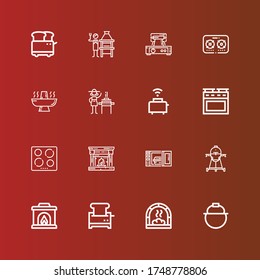 Editable 16 stove icons for web and mobile. Set of stove included icons line Pot, Oven, Toaster, Fireplace, Cooker, Microwave oven, Hob, Burner, Hot pot, Stove, Waffle iron on red