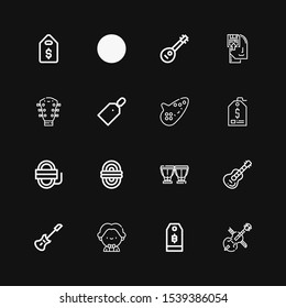 Editable 16 string icons for web and mobile. Set of string included icons line Cello, Price tag, Musician, Electric guitar, Guitar, Timpani, Rope, Ocarina on black background