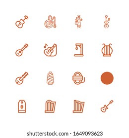 Editable 16 string icons for web and mobile. Set of string included icons line Electric guitar, Harp, Price tag, Guitar, Rope, Thread, Veena, Gallow, Mandolin on white background