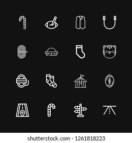 Editable 16 stripe icons for web and mobile. Set of stripe included icons line Road, Street, Candy cane, Rugby ball, Circus tent, Socks, Rope, Tiger, Sailor hat on black background