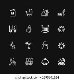 Editable 16 iconos de trineo para web y móvil. Juego de rodillos incluidos íconos línea Cebolla, Bebé, Carrito, Madre, Silla de Bebé, Bebé, Chica, Cebolla sobre fondo negro