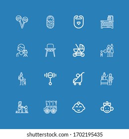 Editable 16 stroller icons for web and mobile. Set of stroller included icons line Baby, Baby boy, Carriage, Fatherhood, Birth, Stroller, Rattle, Mother, Parenthood on blue background